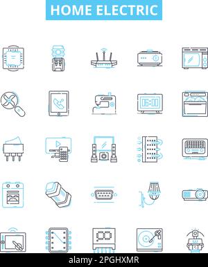 Symbole für elektrische Vektorlinien für Zuhause eingestellt. Geräte, Heizung, Beleuchtung, Luft, Lüfter, Verdrahtung, Steckerabbildung umreißt Konzeptsymbole und Schilder Stock Vektor