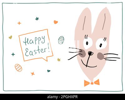 Ostergrußkarte. Süßer, lustiger Osterhase mit der Inschrift Happy Easter. Handgeschriebene Schriftzeichen in einer Sprechblase, dekoriert mit bemalter Easte Stock Vektor