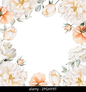 Blumen. Handbemalter, wasserfarbener Blumenrahmen mit Tulpe, Rosen, Pfingstrosen, Blättern. Illustrationen, isoliert auf weißem Hintergrund für Karten, Hochzeitseinladungen Stockfoto