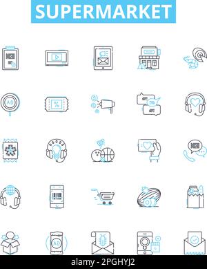 Symbolsatz für Vektorlinien für Supermärkte. Lebensmittel, Geschäft, Markt, Einkaufen, Outlet, Einzelhandel, Superstore Illustration umreißt Konzeptsymbole und -Schilder Stock Vektor