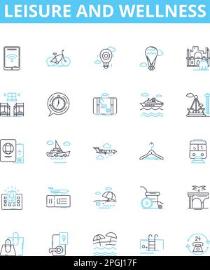 Symbole für Freizeit- und Wellness-Vektorlinien festgelegt. Freizeit, Wellness, Entspannung, Urlaub, Fitness, Fun, Gesundheit Illustration Konzipierung Symbole und Stock Vektor
