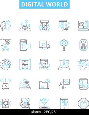 Symbole für digitale Welt-Vektorlinien eingestellt. Digital, Welt, Technologie, Computing, Online, Konnektivität, Plattformabbildung umreißt Konzeptsymbole und Stock Vektor