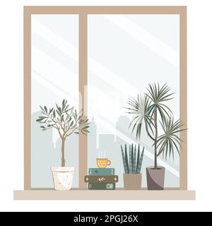 Zimmerpflanzen, Bücher und der Heißgetränk-Becher auf der Fensterbank. Zimmerpflanzen am Fenster, gemütliches Design zu Hause oder im Büro. Vektor isoliert Stock Vektor
