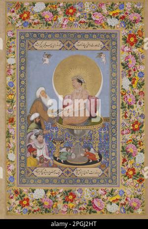 Indien: Jahangir zieht einen Sufi Shaikh den Königen vor. Aquarellgemälde aus der St. Petersburg Album von Bichitr (Reihe 1610-1660), c. 1615-1618. Jahangir (20. September 1569 - 8. November 1627) war von 1605 bis zu seinem Tod im Jahr 1627 Herrscher des Mogul-Reiches. Der Name Jahangir stammt aus Persisch جهانگیر und bedeutet "Weltherrscher". Nur-ud-din oder nur al-DIN ist ein arabischer Name, der „Licht des Glaubens“ bedeutet. Geboren als Prinz Muhammad Salim, war er der dritte und älteste überlebende Sohn des Mogul-Kaisers Akbar. Akbars Zwillingssöhne, Hasan und Hussain, starben im Säuglingsalter. Stockfoto