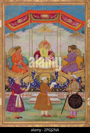 Indien: Akbar übergibt seine kaiserliche Krone an Shah Jahan. Miniaturmalerei aus dem Minto Album von Bichitr (Reihe 1610-1660), c. 1630-1631. Akbar (25. Oktober 1542 bis 27. Oktober 1605), auch bekannt als Shahanshah Akbar-e-Azam oder Akbar der große, war der dritte Mogul-Kaiser. Er war von timuridem Abstammung; der Sohn von Kaiser Humayun und der Enkel von Kaiser Babur, dem Herrscher, der die Mogul-Dynastie in Indien gründete. Am Ende seiner Herrschaft im Jahr 1605 erstreckte sich das Mogul-Reich über den größten Teil des nördlichen und mittleren Indiens. Akbar war 13 Jahre alt, als er den Mogul-Thron in Delhi bestieg (Februar 1556). Stockfoto