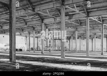 Innenräume und Maschinen, Anlagen, die sich in den Besitz einer stillgelegten, aufgegebenen Industrie zurückziehen, ehemalige Baumwollfabrik, industrielle Produktion Stockfoto