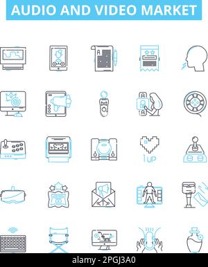 Vektorliniensymbole für Audio- und Videomarkt eingestellt. Audio, Video, Markt, Multimedia, Sound, Streaming, digitale Illustration umrissene Konzeptsymbole und Stock Vektor