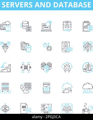 Symbole für Server- und Datenbankvektorlinien festgelegt. Server, Datenbanken, SQL, MySQL, PostgreSQL, Oracle, Microsoft SQL Server Illustrationskonzept Stock Vektor