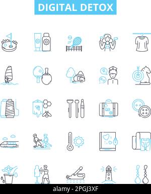 Symbole für digitale Detox-Vektorlinien gesetzt. Digital, Detox, Trennen, Pause, Tech, Internet, Umriss der Darstellung von Konzeptsymbolen und -Schildern Stock Vektor