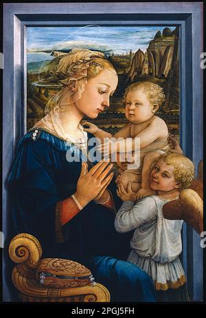 Fra Filippo Lippi, Madonna und Kind mit zwei Engeln, gemalt in Tempera auf Platte, 1460-1465 Stockfoto