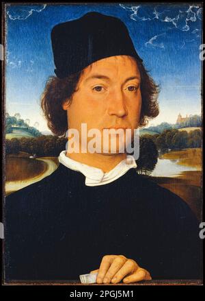 Hans Memling, Porträt eines Unbekannten mit einem Brief, Ölgemälde auf der Platte, 1485-1489 Stockfoto
