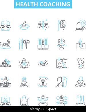 Vektorlinien-Symbole für Health Coaching festgelegt. Wellness, Ernährung, Coaching, Bewegung, Gesund, Gewohnheiten, Diät-Illustration umreißen Konzeptsymbole und -Zeichen Stock Vektor