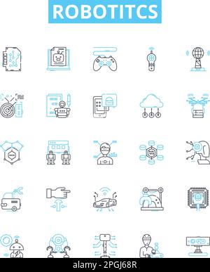 Robotitcs-Vektorliniensymbole eingestellt. Robotik, Automatisierung, KI, programmierbar, Maschinen, Autonom, Netzwerkdarstellung umreißt Konzeptsymbole und -Zeichen Stock Vektor