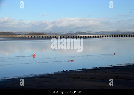 Das 50 km lange Eisenbahnviadukt überquert die Mündung des Flusses Kent von Arnside nach Grange-over-Sands vom Küstenpfad in der Nähe von Ash Meadow, Arnside, Cumbria. Stockfoto