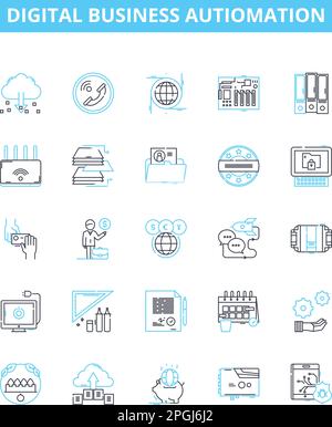 Symbole für Vektorlinien für digitale Geschäftsautiomationen festgelegt. Digital, Business, Automatisierung, künstliche Intelligenz, maschinelles Lernen, Roboterprozess Stock Vektor