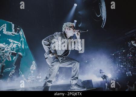 Salmo tritt live in Mailand auf dem Mediolanum Forum auf Stockfoto
