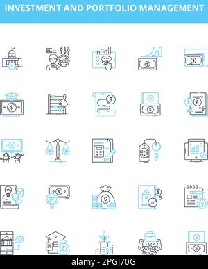 Symbolsatz für Vektorlinien für Investitions- und Portfoliomanagement. Investitionen, Portfolio, Management, Vermögenswerte, Eigenkapital, Festverzinsliche Wertpapiere, alternative Darstellung Stock Vektor