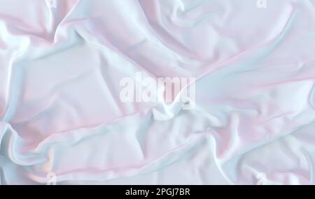 Die Textur von zerknittertem, weißem Stoff, Draufsicht. Weiße, satinierte, wellige Oberfläche. Über dem leicht glänzenden Stoff. Stockfoto
