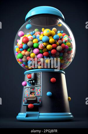 Gumball-Maschine. Transparenter, runder Glasspender mit bunten Kaugummi. Stockfoto