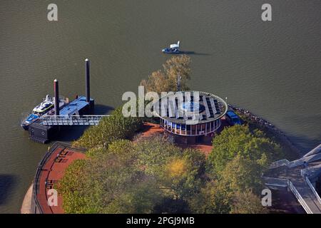 Blick auf die Flusspolizei Düsseldorf, Blick vom Rheinturm, Deutschland, Nordrhein-Westfalen, Niederrhein, Düsseldorf Stockfoto