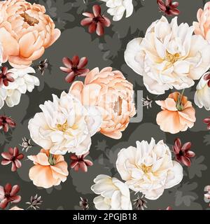 Nahtloses Aquarellmuster mit zartem Weiß, Pfirsich, marsala-Blumen, Zweigen. Botanische Fliese, dunkler Hintergrund. Blumenmuster für Tapete, Stockfoto