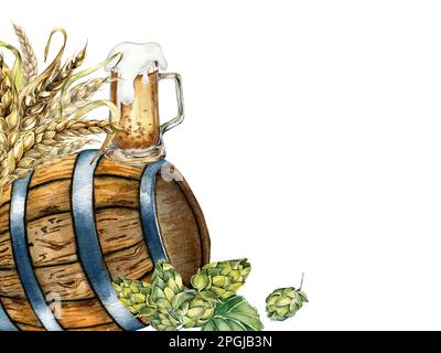 Holzbierfässer und Hopfenrebe, Weizenohr, wasserfarbene Illustration isoliert auf Weiß. Ein Glas Bier von Hand gezeichnet. Designelement für die Werbung für Bier fe Stockfoto