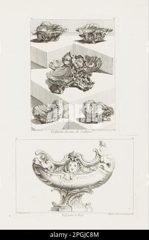 Verschiedene Desseins de Sallieres [verschiedene Designs für Salzgerichte], pl. 63 in Oeuvre de Juste-Aurele Meissonnier 1748 von Juste-Aurele Meissonnier Stockfoto