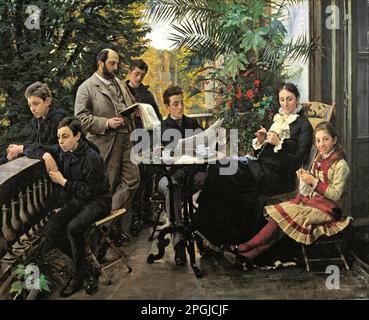 Das Porträt der Hirschsprung-Familie. Von links Ivar, Aage, Heinrich, Oscar, Robert, Pauline und Ellen Hirschsprung 1881 von Peder Severin Kroyer Stockfoto