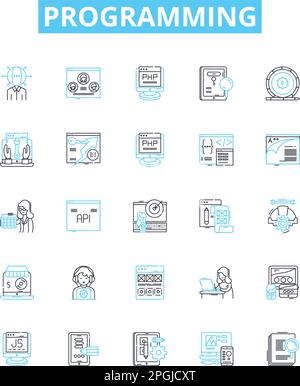 Programmieren der Vektorliniensymbole. Programmierung, Codierung, Skripterstellung, Codierungssprache, Algorithmus, Debugging, Software-Illustration, Konzept Stock Vektor
