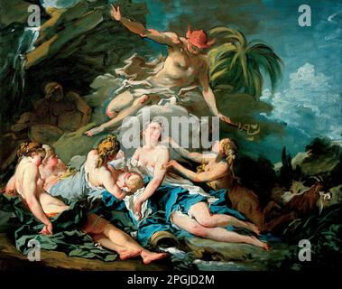Mercury betraut den Säugling Bacchus den Nymphen von Nysa 1734-01-01/1734-12-31 von Francois Boucher Stockfoto