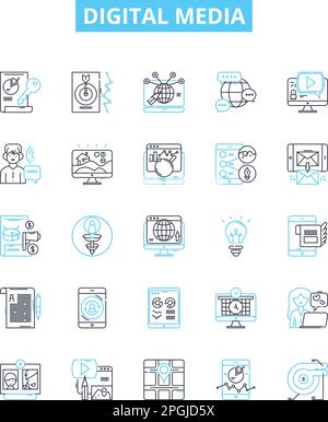 Liniensymbole für digitale Medienvektoren eingestellt. Digital, Medien, Technologie, Werbung, Social, Plattformen, Online-Illustration umreißen Konzeptsymbole und -Schilder Stock Vektor
