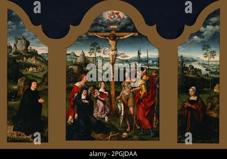 Triptych: Die Kreuzigung flankiert vom knienden Spender und seiner Frau in der ersten Hälfte des 16. Jahrhunderts von Joos van Cleve Stockfoto