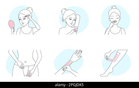 Haarentfernungsmethoden beim Epilieren mit Wachsstreifen zur Vektordarstellung. Weibliche Cartoon-Modelle mit Enthaarungswerkzeug, um Haare in verschiedenen Körperteilen und im Gesicht zu entfernen, Infografik-Sammlung Stock Vektor