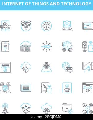 Symbole für das Internet der Dinge und die Vektorlinien der Technologie gesetzt. IoT, Technologie, Konnektivität, Automatisierung, Wearables, Sensoren, Künstliche Intelligenz Stock Vektor