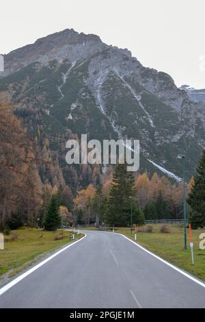 Atemberaubende Luftaufnahme der Dolomitenalpen bei sonnigem Herbsttag mit gelben Lärchen unten und Tal bedeckt von Nebel und hohen Berggipfeln dahinter. Corti Stockfoto