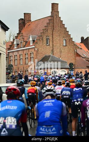 De Panne, Belgien. 23. März 2023. Das Reiterpaket, das während des eintägigen Frauenrennen „Classic Brügge-De Panne“ in Aktion gezeigt wurde, 159, 5 km von Brügge nach De Panne, Donnerstag, 23. März 2023. BELGA PHOTO DIRK WAEM Credit: Belga News Agency/Alamy Live News Stockfoto