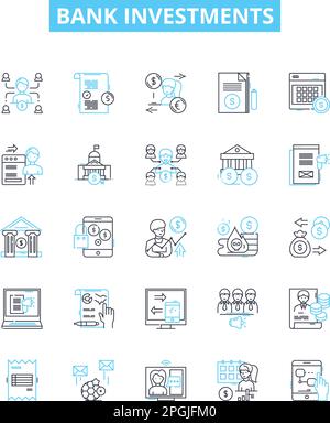 Symbole für Vektorlinien für Bankinvestitionen festgelegt. Ersparnisse, Aktien, Anleihen, Investmentfonds, Fonds, Vermögensgegenstände, Hypothekendarstellungen stellen Konzeptsymbole und -Zeichen dar Stock Vektor