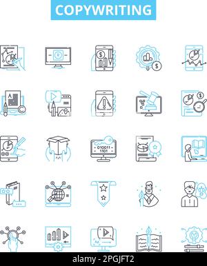 Symbole für Copywriting-Vektorlinien festgelegt. Kopieren, Schreiben, Copywriter, Freiberufler, Inhalt, Kreativ, Artikelabbildung umreißt Konzeptsymbole und -Zeichen Stock Vektor