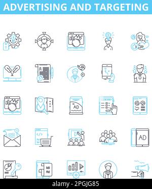 Symbole für Werbe- und Zielvorgabe-Vektorlinien gesetzt. Werbung, Targeting, Promotion, Kampagne, Markt, Demografie, bis zu einer Modellstruktur Stock Vektor