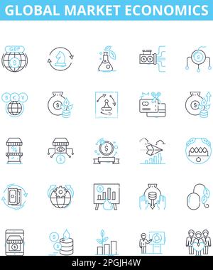Symbolsatz für Vektorlinien der globalen Marktwirtschaft. Global, Markt, Wirtschaft, International, Handel, Investition, Übersicht über Finanzdarstellung Stock Vektor