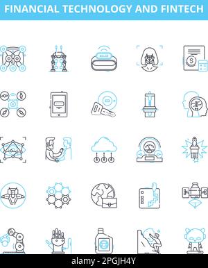 Symbolgruppe für Vektorlinien für Finanztechnologie und FinTech. FinTech, Finanzen, Technologie, Bankwesen, Zahlungen, Blockchain, Kryptowährung-Illustration Stock Vektor