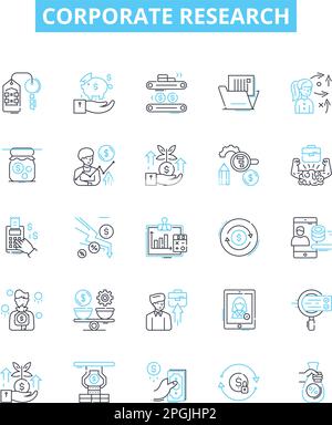 Symbole für Unternehmensforschungsvektorlinien festgelegt. Unternehmen, Forschung, Analyse, Geschäft, Markt, Strategie, Datendarstellung umreißen Konzeptsymbole und Stock Vektor
