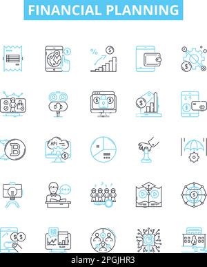 Symbole für Vektorlinien in der Finanzplanung festgelegt. Geld, Planung, Vermögen, Investitionen, Einsparungen, Budgetierung, Steuerdarstellung, Konzipsymbole und -Zeichen Stock Vektor