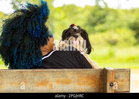 Goiania, Goias, Brasilien – 20. März 2023: Foto einer jungen Frau von hinten, die mit einem Hündchen auf einer Bank sitzt. Stockfoto