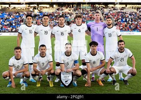 Auckland, Neuseeland. 23. März 2023. Spieler aus Neuseeland stellen sich vor einem internationalen Freindly Match zwischen Neuseeland und China in Auckland, Neuseeland, am 23. März 2023 auf. Kredit: Guo Lei/Xinhua/Alamy Live News Stockfoto