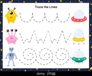 Spuren von süßen Aliens bis hin zu fliegenden Untertassen. Aktivitätsseite für Kinder Stock Vektor