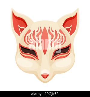 Kitsune Folklore japan Maske, asiatische Mythologie Maskottfuchs im Cartoon Stil isoliert auf weißem Hintergrund. Vektordarstellung Stock Vektor