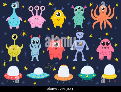 Lustige Weltraummonster sind da. Außerirdische und Raumschiffe isolierte Elementsammlung Stock Vektor