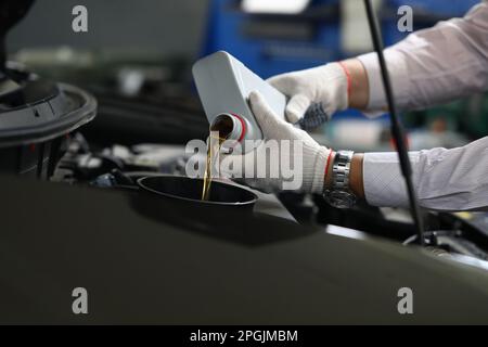 Nahaufnahme eines erfahrenen Mechanikers, der das Öl in eine spezielle Öffnung im Auto gießt Stockfoto