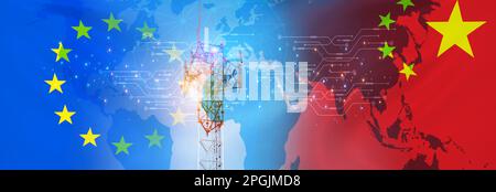Chinesische 5G-Technologie im EU-Konzept. Telekommunikationsturm für 5G-Netzwerk. Die Flagge Europas und chinas. Kommunikationstechnologie. Mobil oder Telekommunikation 5G Stockfoto